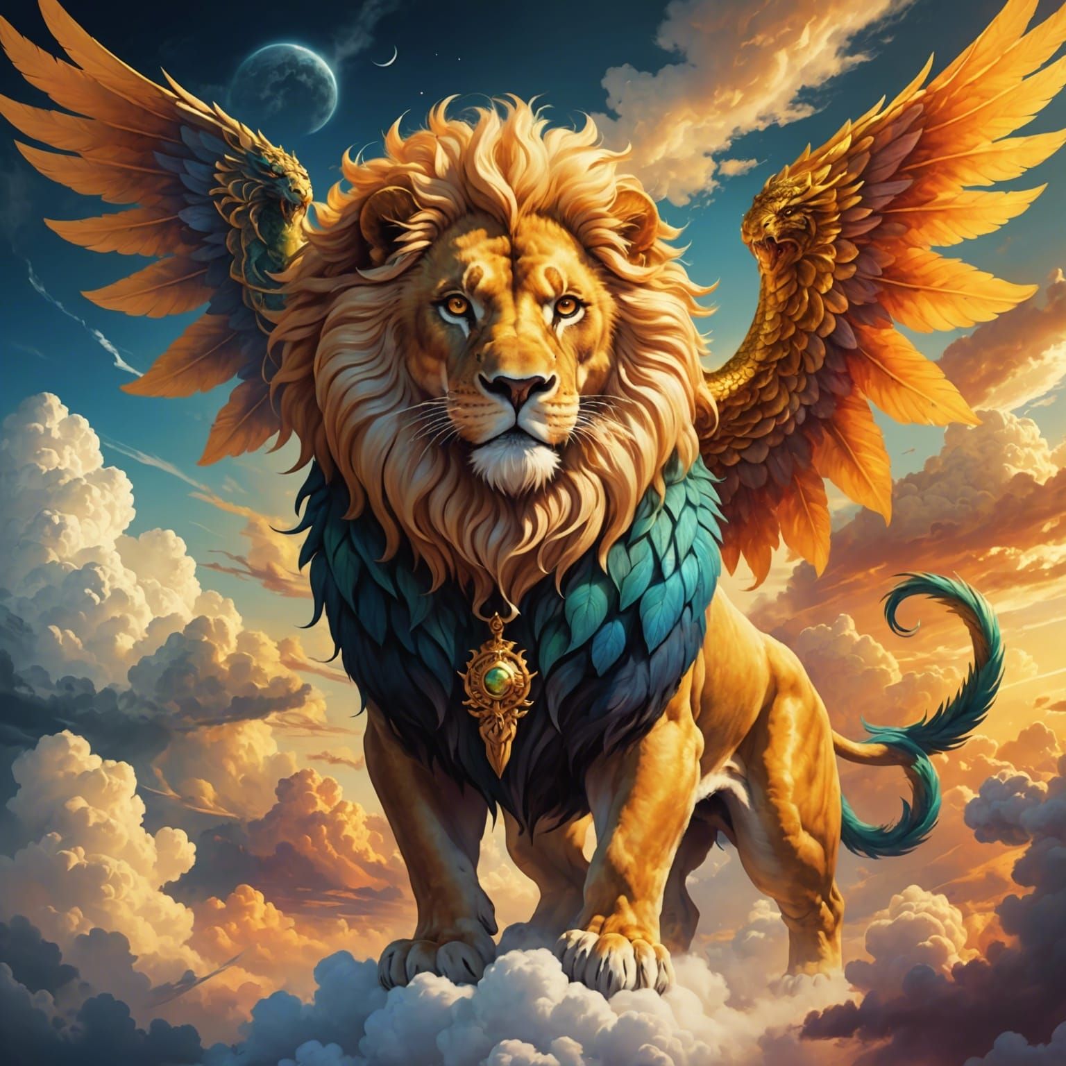 Fantasy Chimera: Golden Lion with Dragon Wings