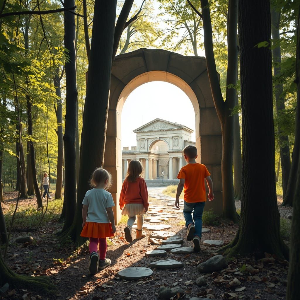 Two children stepping through a time portal in the woods tha...