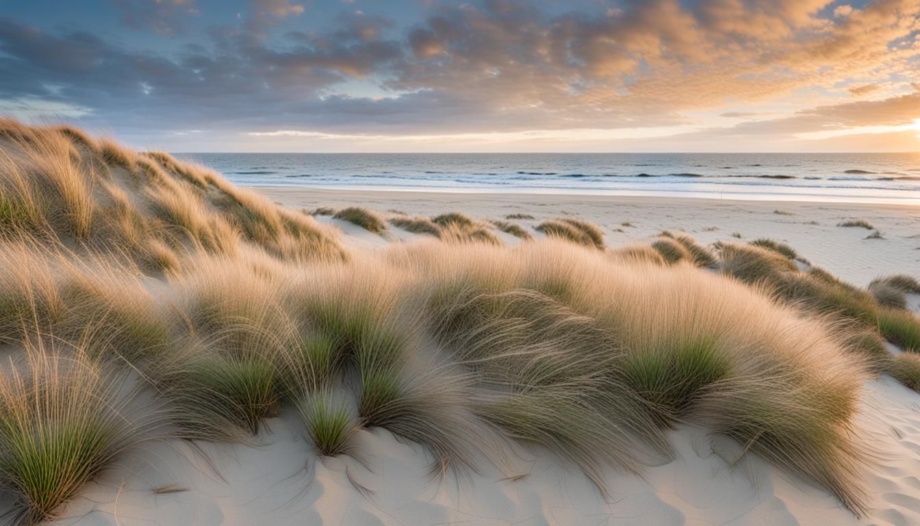 Flowering Flax on Bleached Sand Dunes at Dawn
