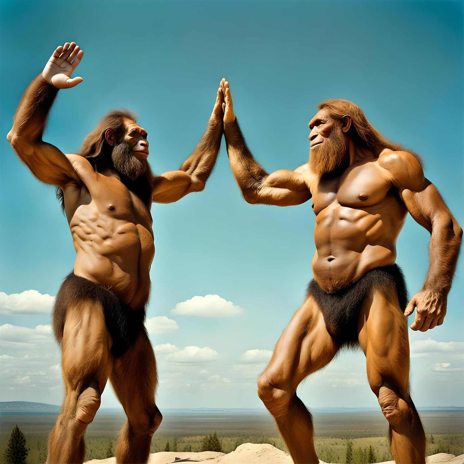 Neanderthals Celebrate Hunt with High Five: Polaroid Shot
