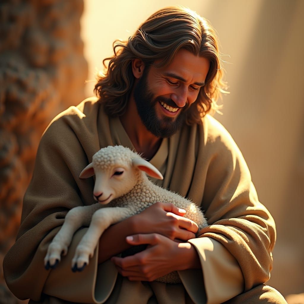 Jesus Holding Lamb in Matte Painting Style