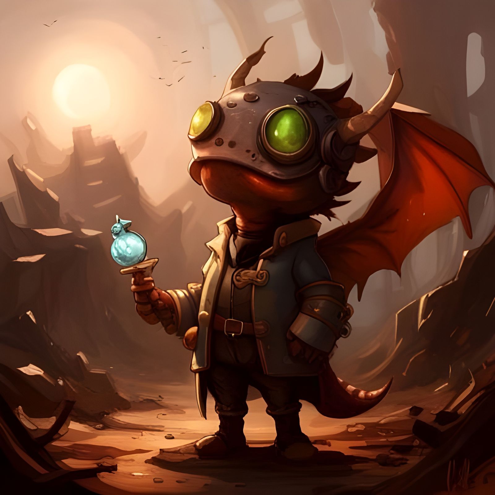 Steampunk Chibi Dragon in Laboratory: Detailed Digital Art