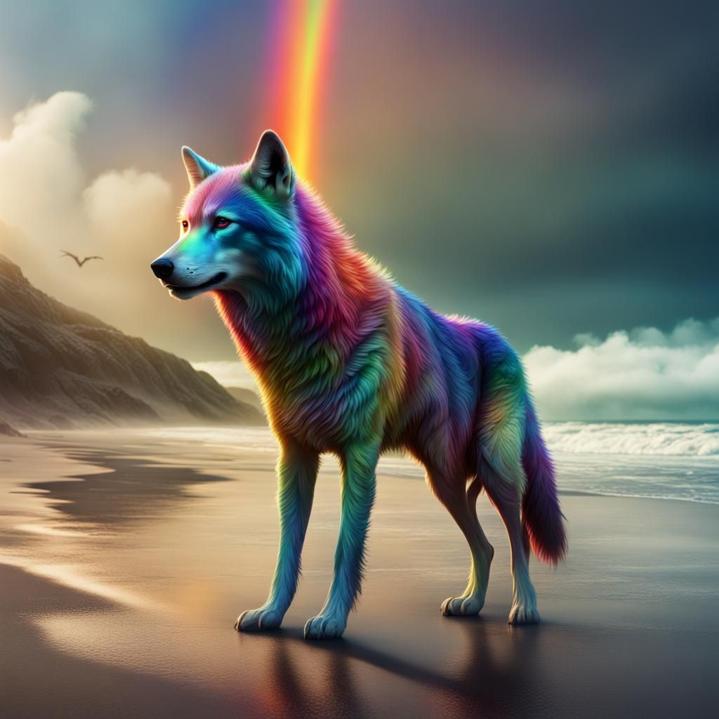 Rainbow Wolf on a Beach: Digital Matte Painting
