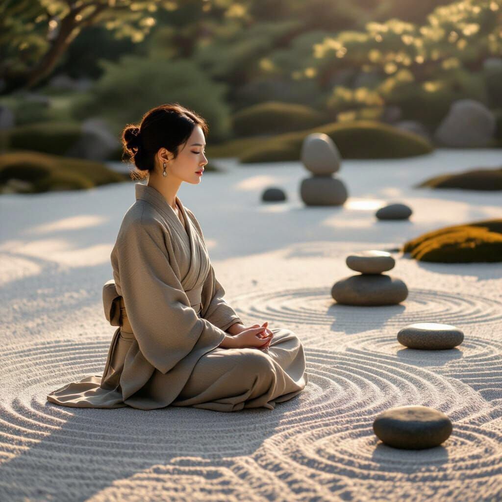 Contemplative Woman in Zen Garden with Soft Light