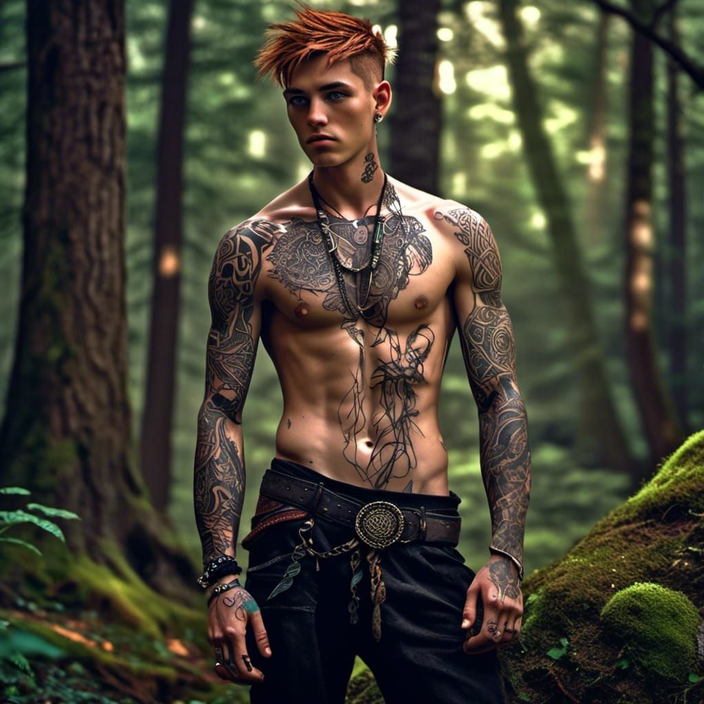 Celtic Tattooed Man in Moody Forest, Photorealistic