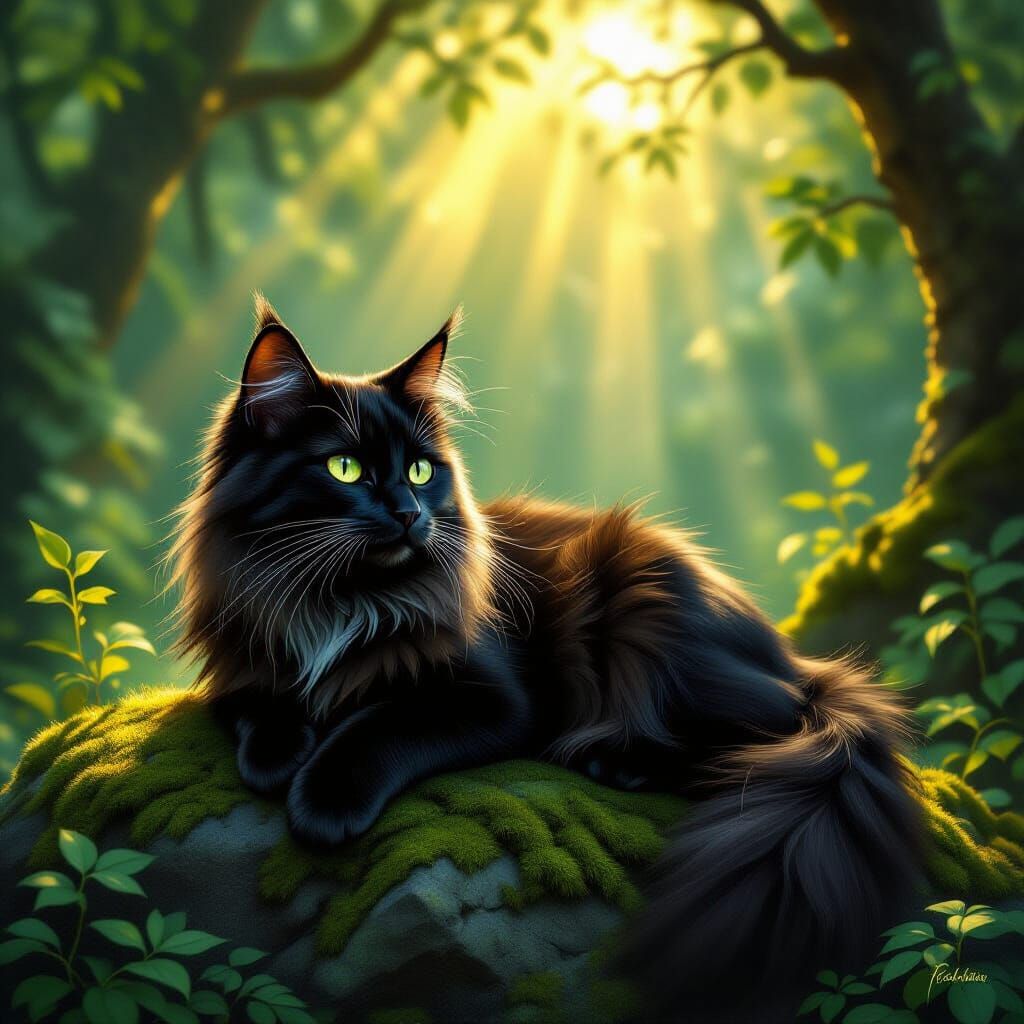 Golden Black Cat Basking in Dappled Forest Sunlight