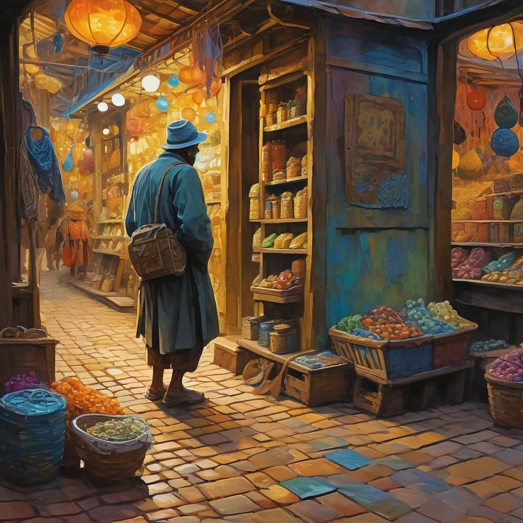 Fantasy Marketplace with Tupai in Impressionist Gouache Styl...