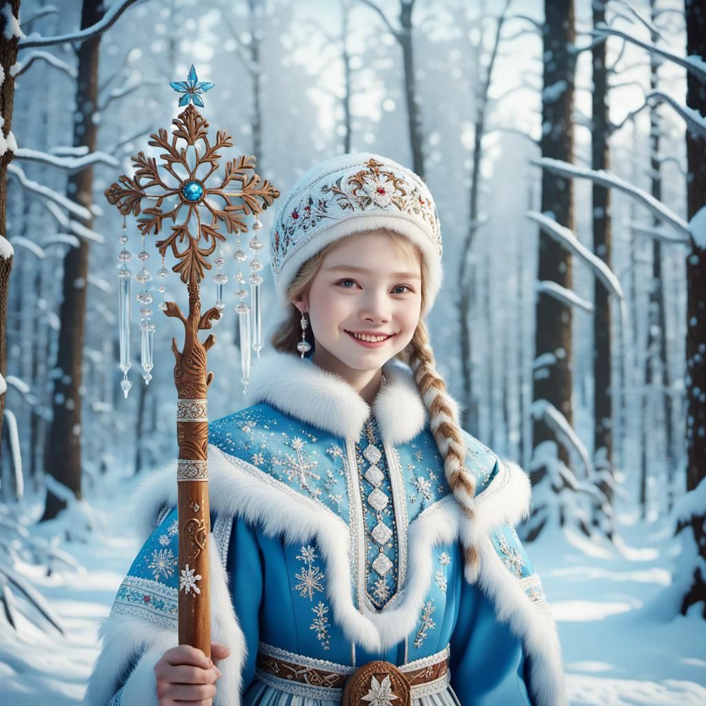 Cinematic Snow Maiden in Ornate Russian Attire, Surrounded b...