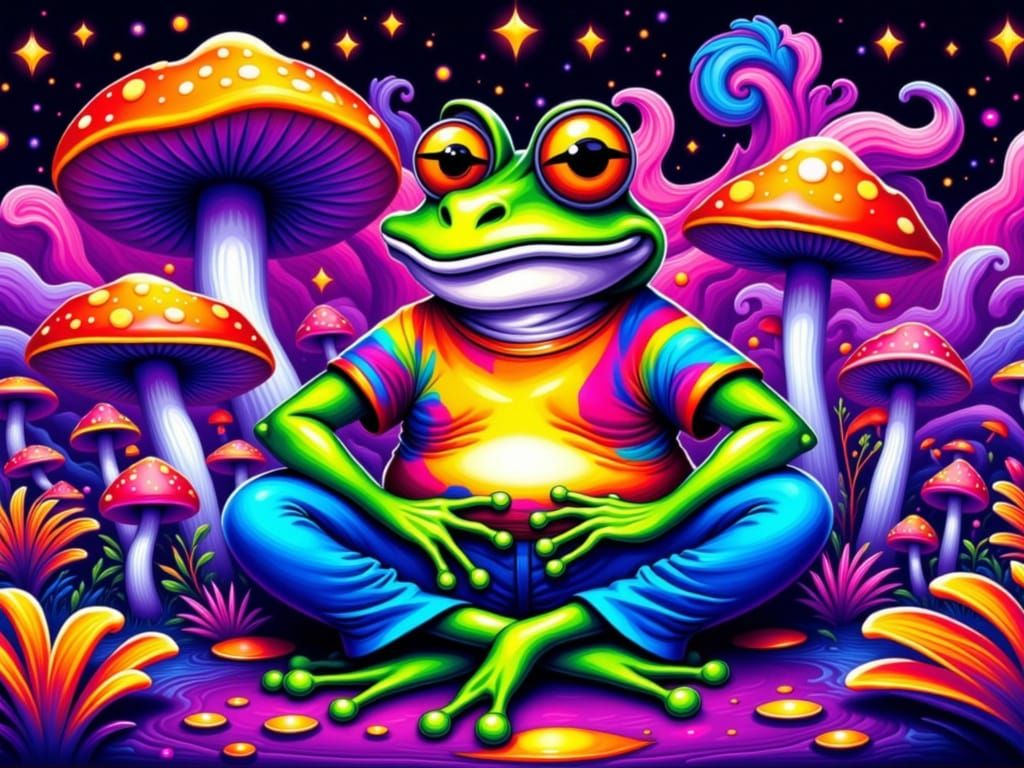 frog surreal hippie whimsical pop art <lora:Funny  Frogs:1.0> <lora:whimsical frogs:1.0> <lora:Hippie Fest:1.0> <lora:fa...