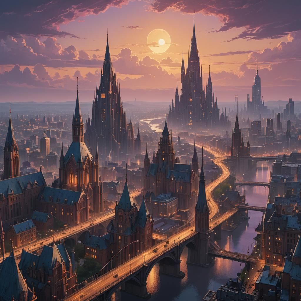 Epic Fantasy Cityscape at Dusk in Matte Painting Style