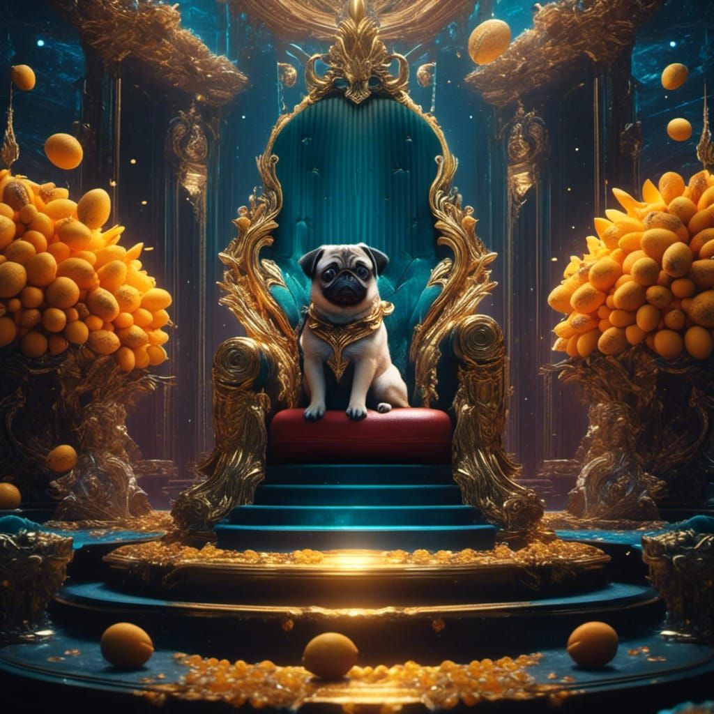 Pug King on Mango Throne: Fantasy Art