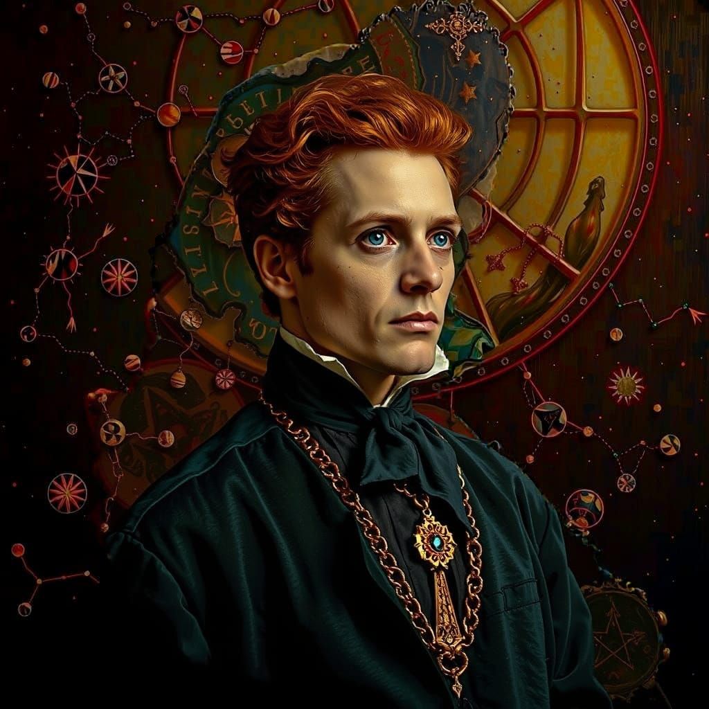 Enigmatic Scholar Portrait with Constellations in Oil on Can...