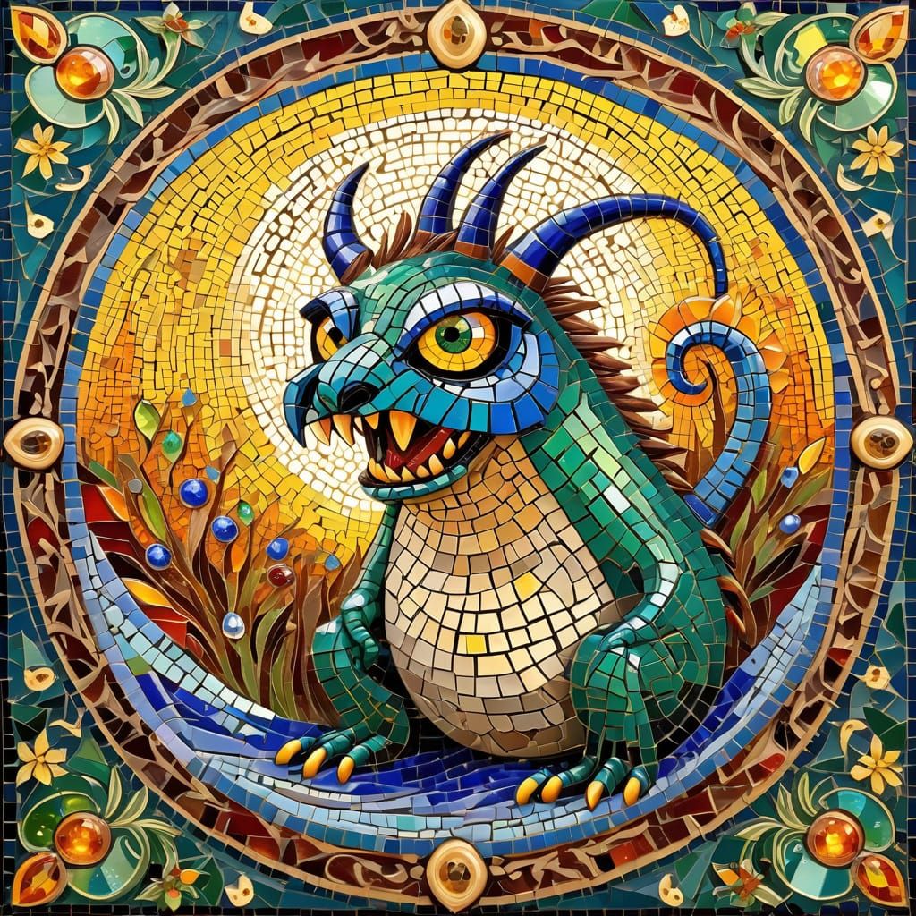 Traditional mosaic art. A friendly storybook monster peeks out of a cluttered closet. Mosaic tiles. Handmade glass ename...