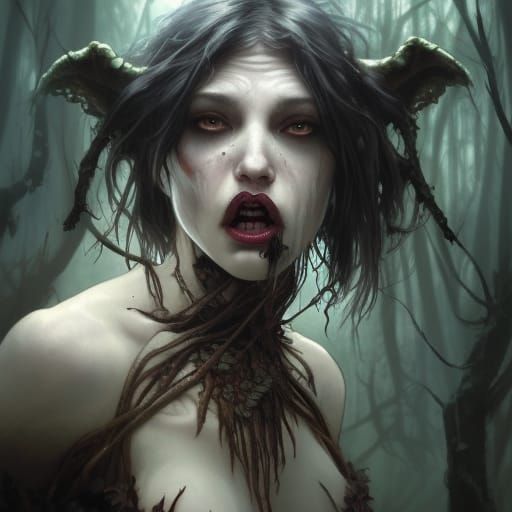 Nightmarish Gothic Witch in Putrid Swamp, Detailed Portrait