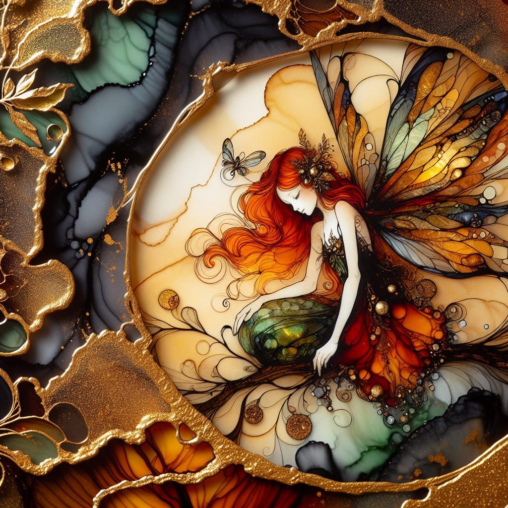 Enchanting Fairy in Golden Alcohol Ink Glasswork