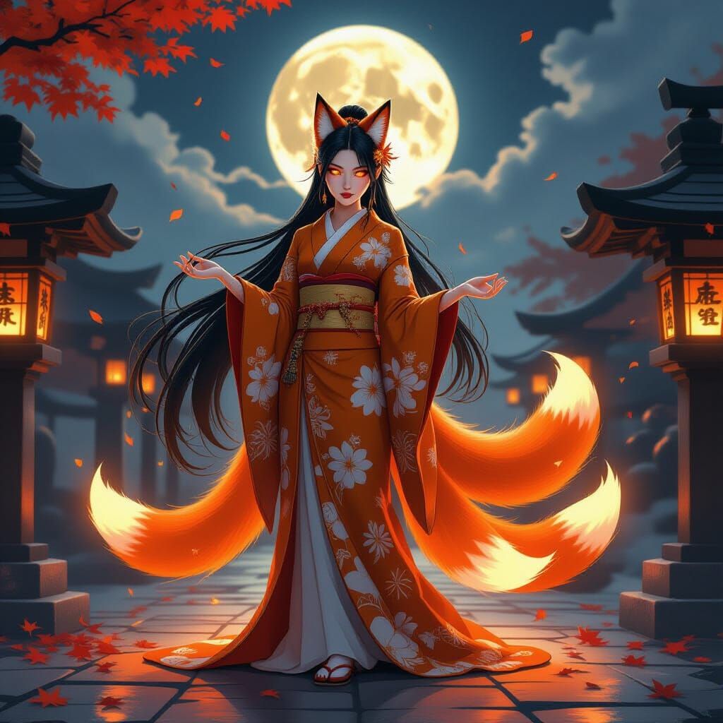 Kitsune Woman Summoning Magic at Shinto Shrine