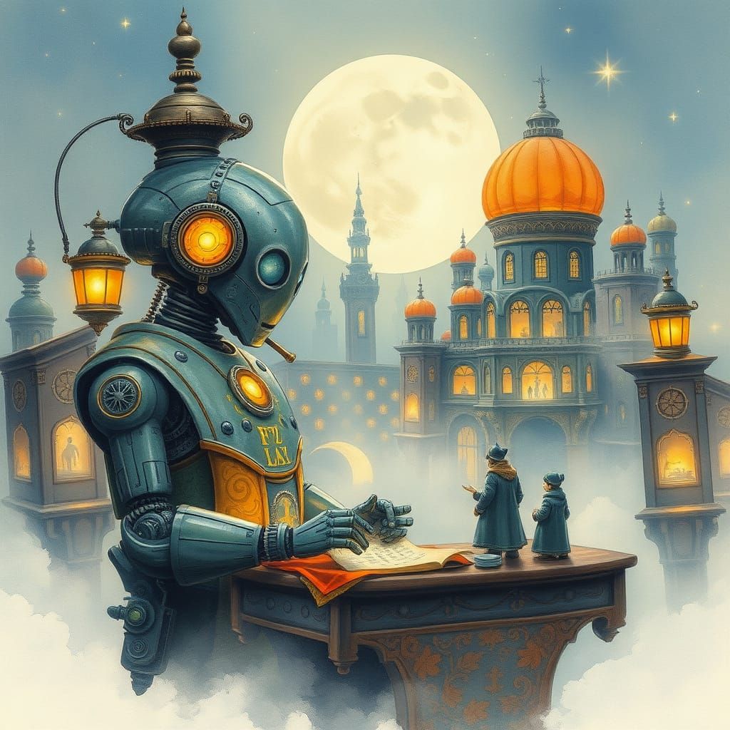 Robot Fortune Teller in Moonlit Bazaar, Watercolor Fantasy