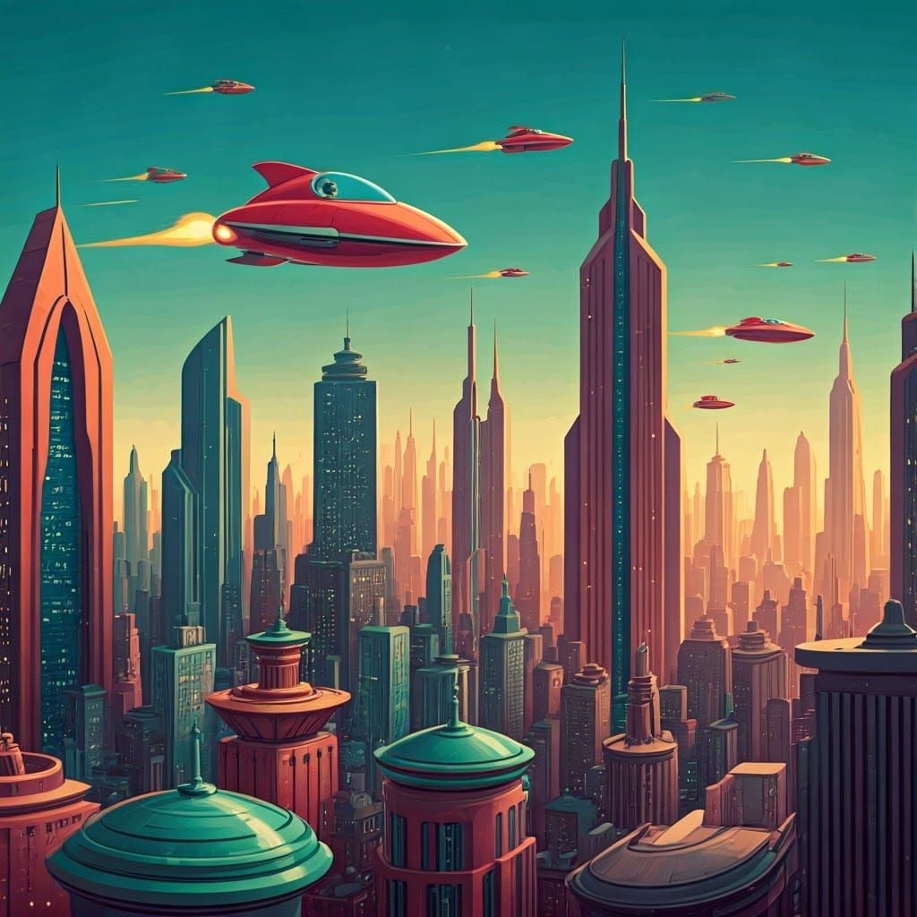 Style retrofuturism, the Jetsons cartoon style flying person...