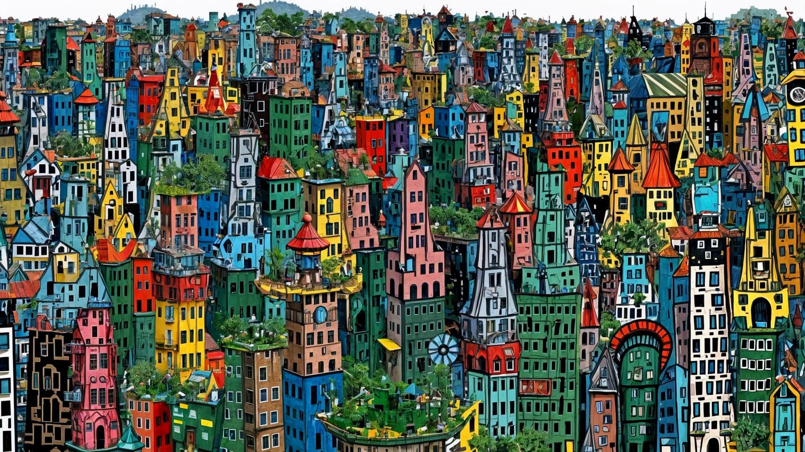 Vibrant Hundertwasser-Inspired Metropolis with Neon Lights a...