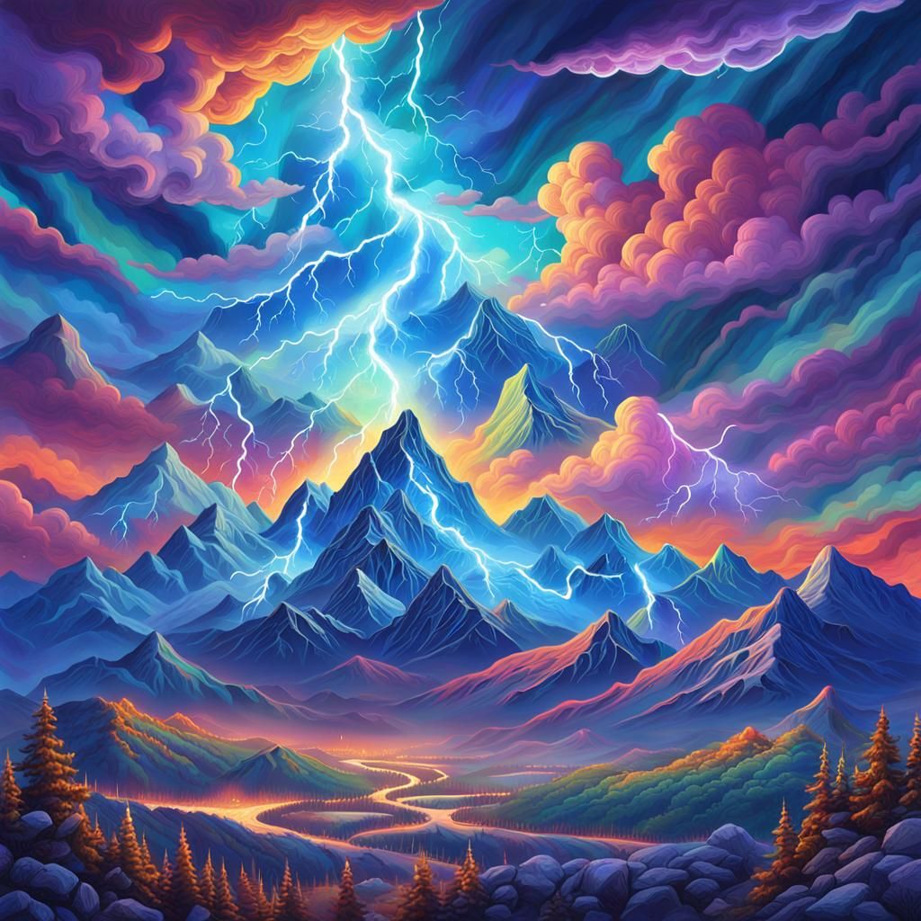 Cosmic Lightning Storm Over Snowy Mountains