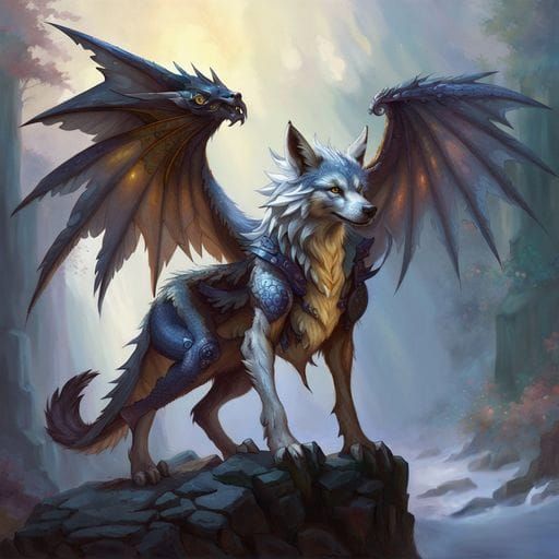 Majestic Wolf-Dragon Hybrid in Fantasy Landscape