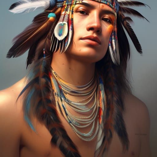 Native American Portrait with Feathers