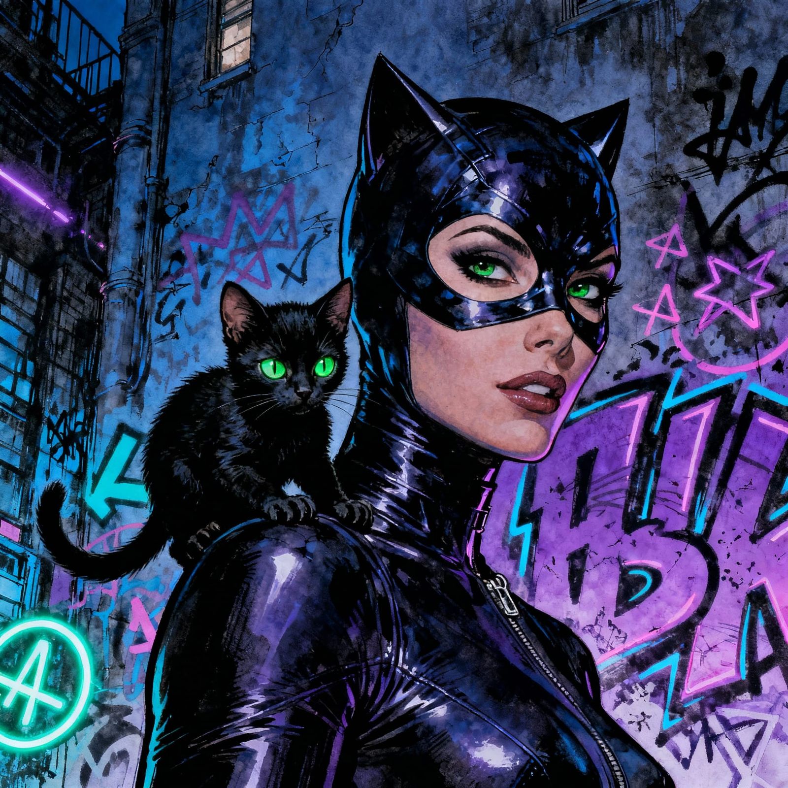 Catwoman Architectural Sketch with Kitten in Chiaroscuro Sty...