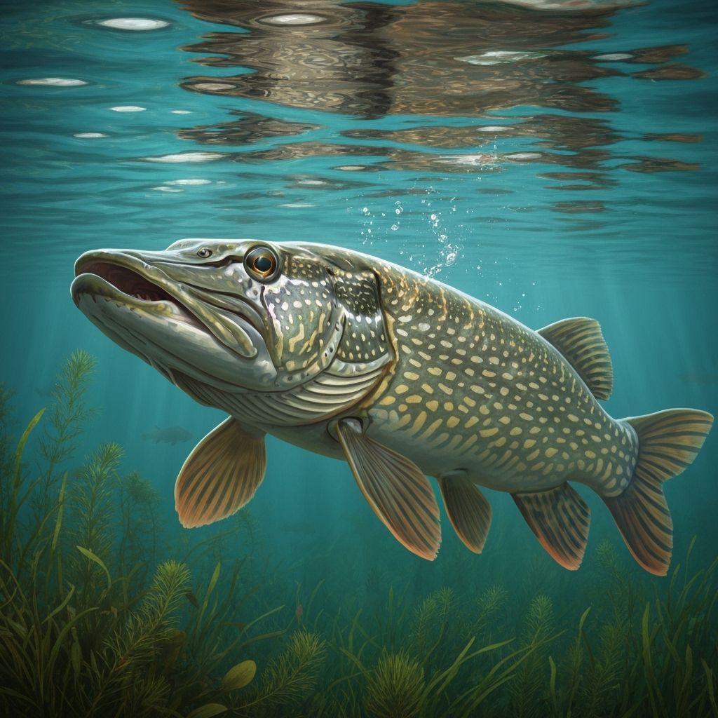 Pike Underwater Portrait in Matte Oil Painting Style