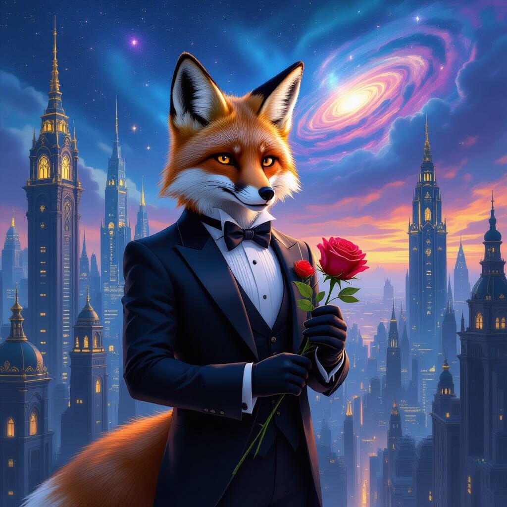 Fox in Tuxedo with Gothic Cityscape, Art Nouveau