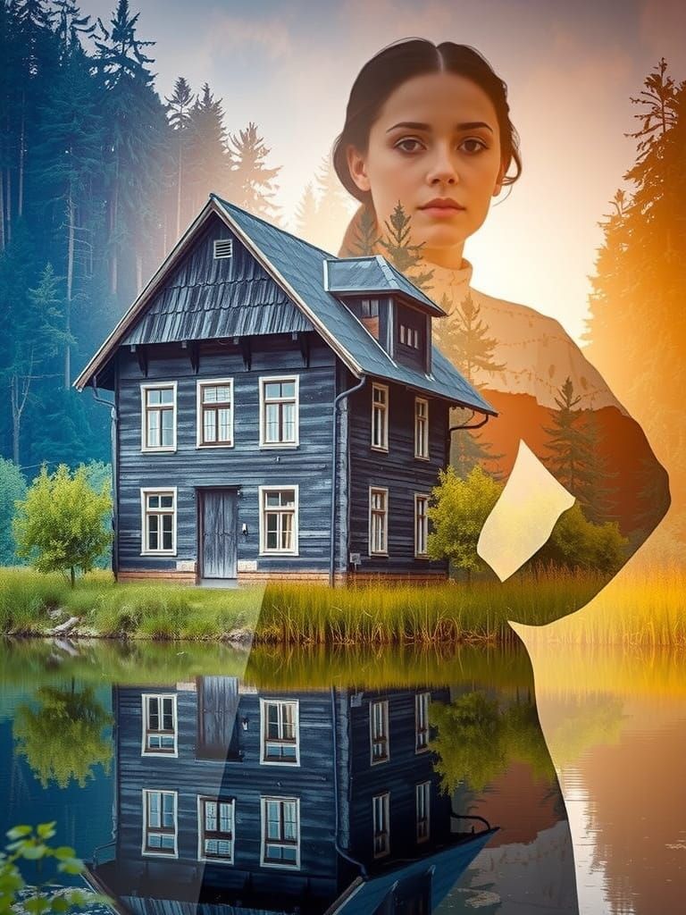 Ethereal Ukrainian Village Scene with Double Exposure Effect