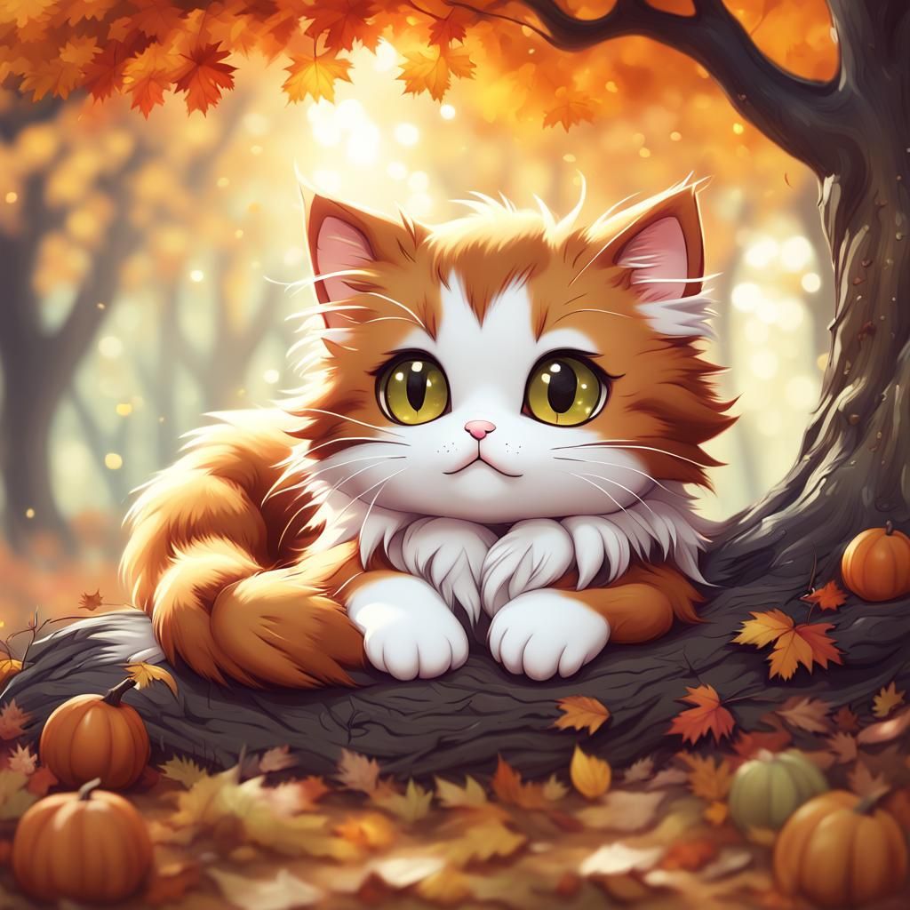 Chibi Kitty in Autumn Woods, Anime Style