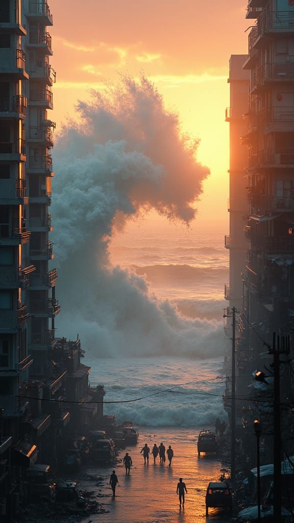 Tsunami Devastation at Sunset: Photorealistic Cinematic Scen...