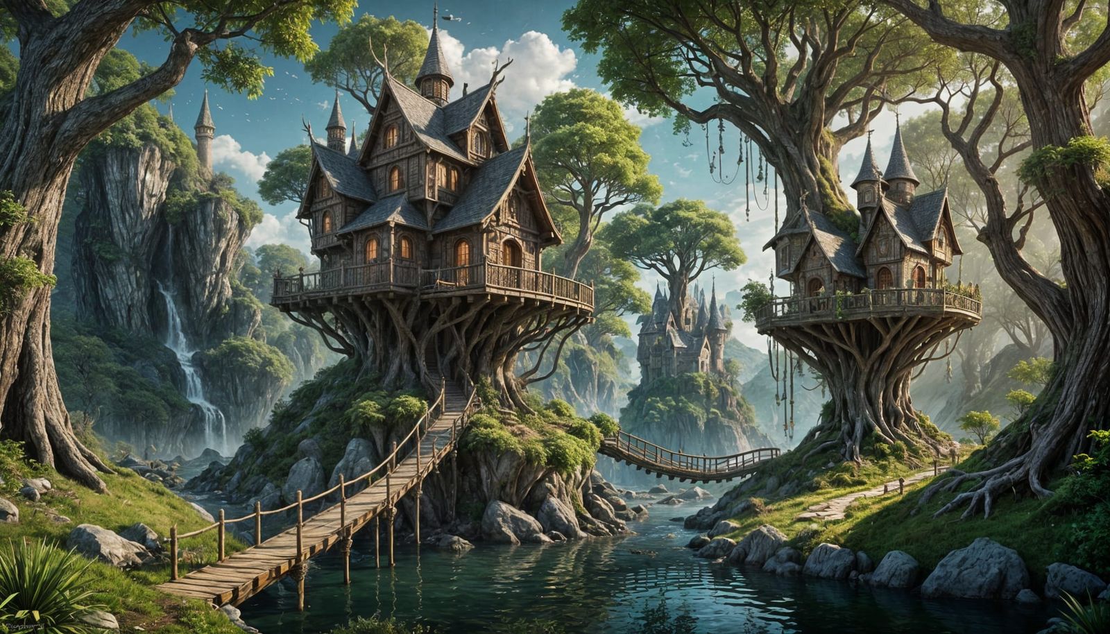 Elven Treehouses in Enchanted Forest, Fantasy Concept Art