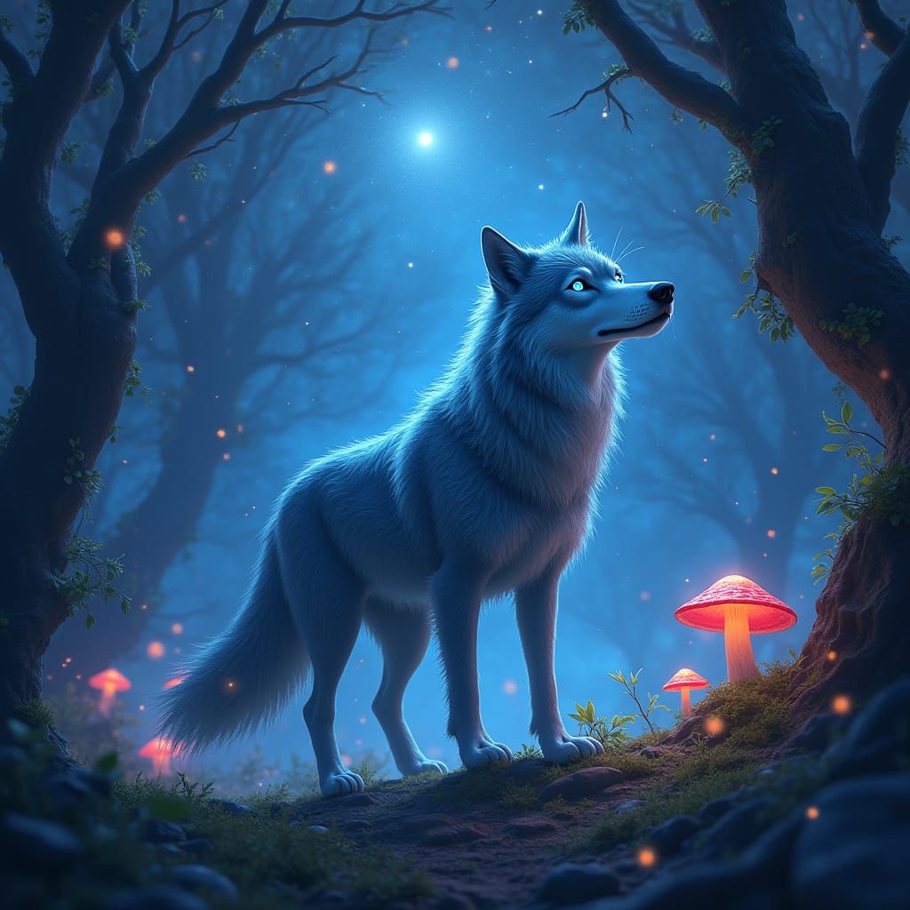Mystical Wolf Under Starry Night Sky in Enchanted Forest