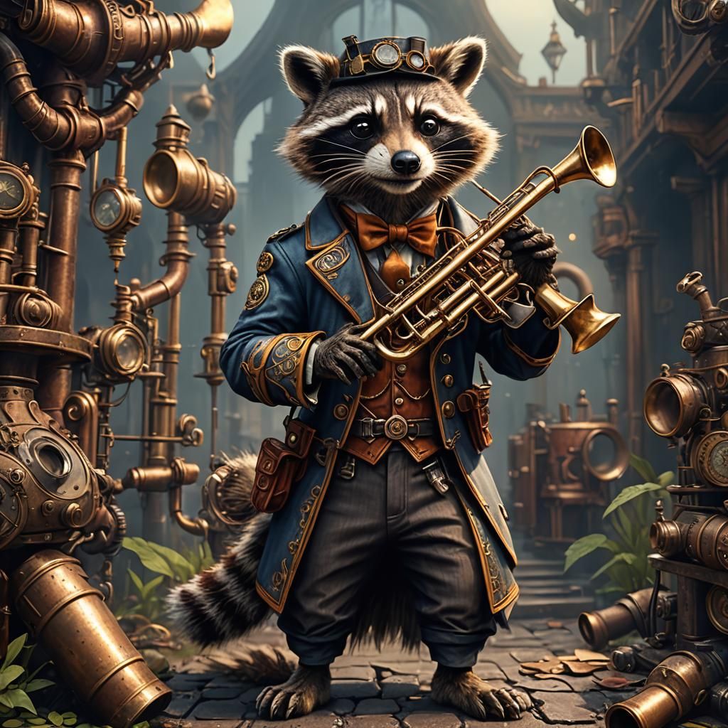 Steampunk Raccoon Trumpet Player in Detailed Matte Painting