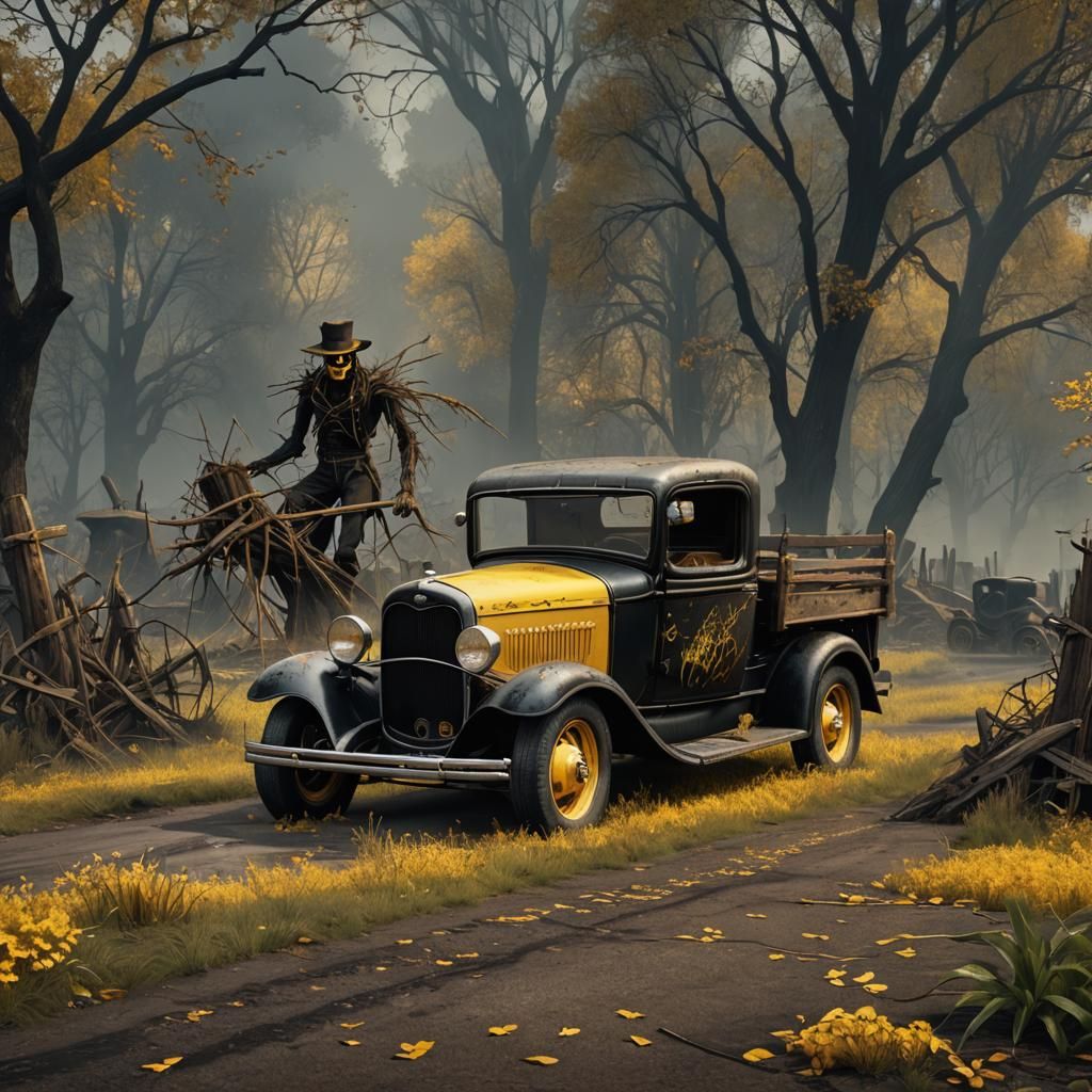 Detailed Matte Painting of Scarecrows in 1932 Ford Truck