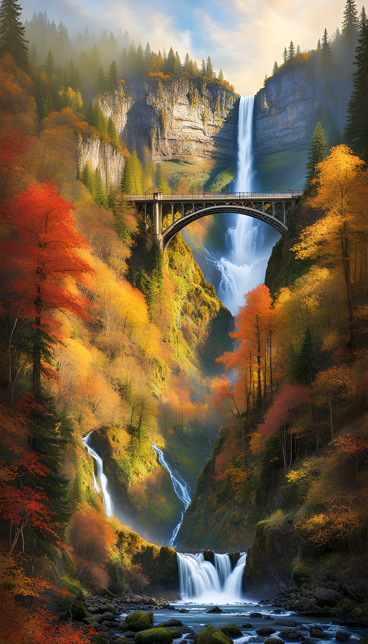 Multnomah Falls Long Exposure in Autumn Colors