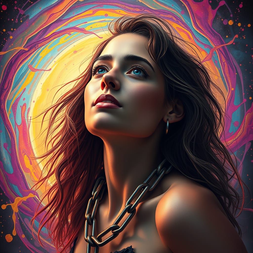 Cosmic Liberation: Woman Unshackled by Vibrant Portals