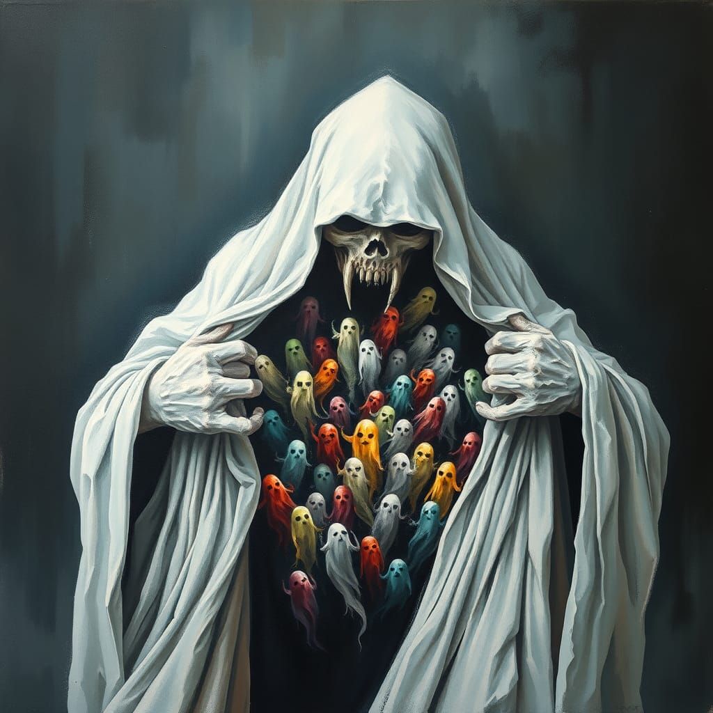 Ghost Reveals Halloween Ghosts: Surreal Gouache Painting