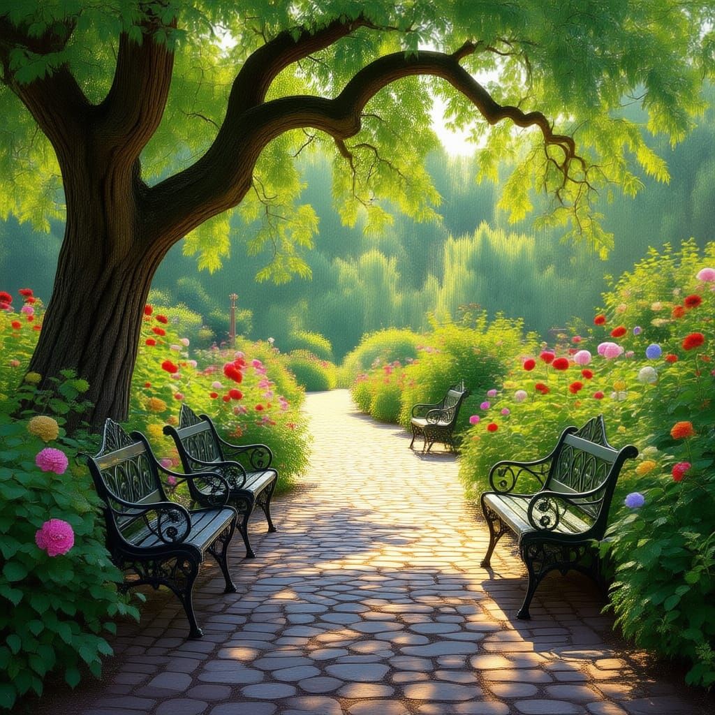 Tranquil Garden Path with Seating and Lush Trees