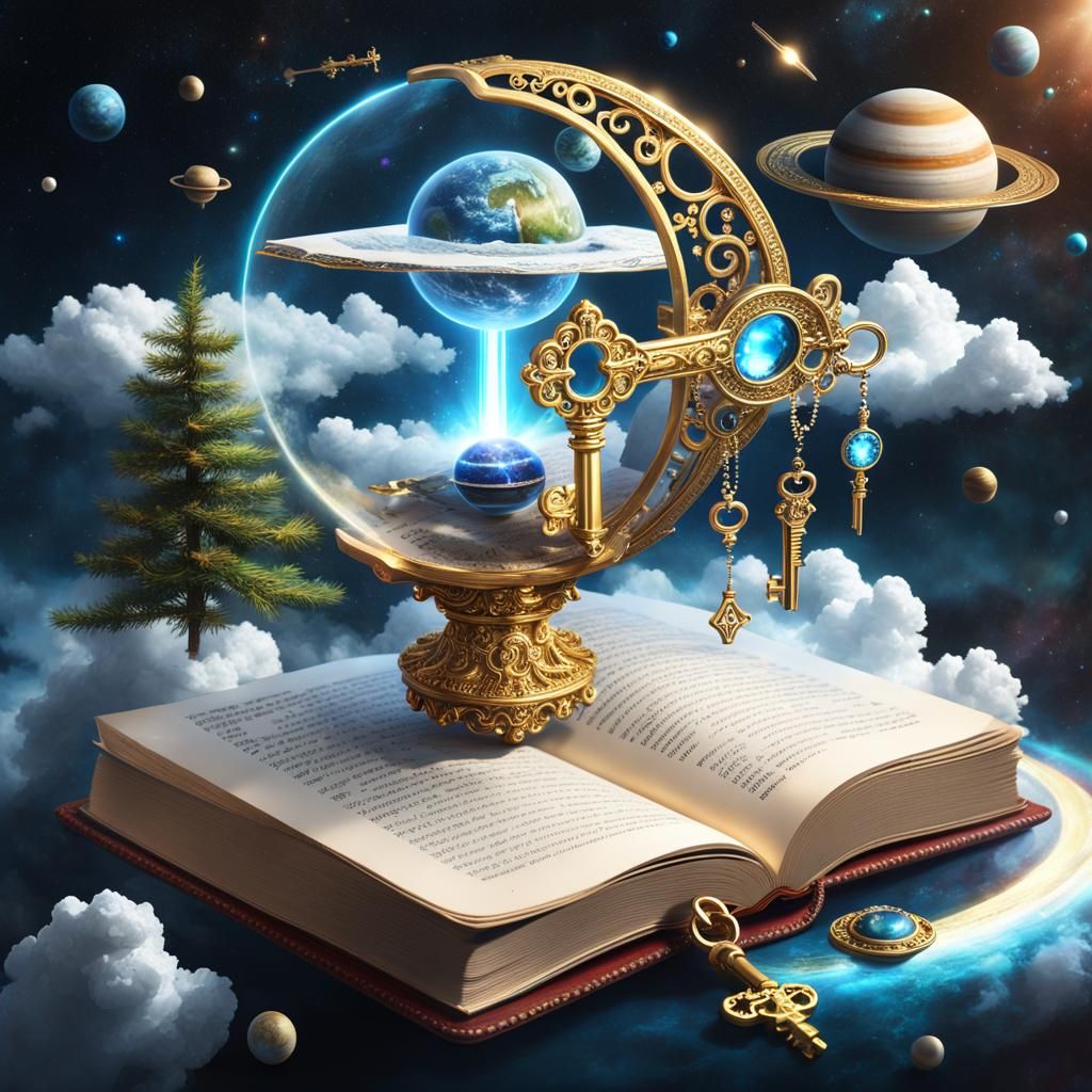 Ornate Key on Cosmic Book: Detailed Concept Art