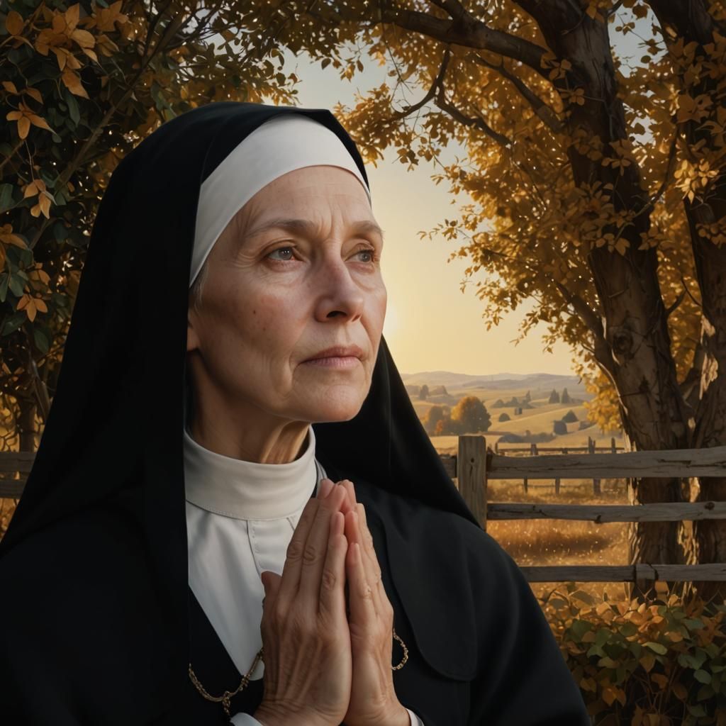 Hyper Realistic Nun in Golden Autumn Field