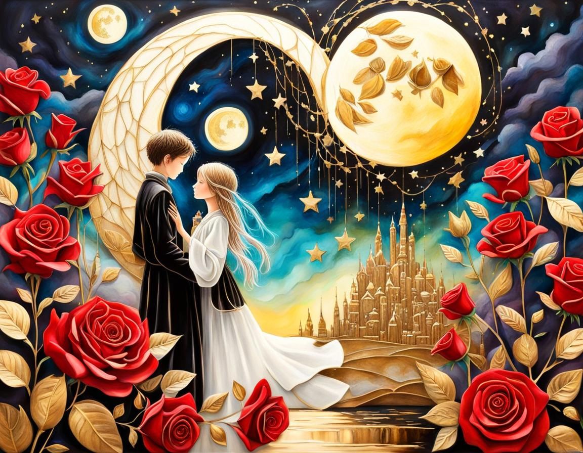 Fantasy Scene: Children Exchange Gifts Under Moonlight