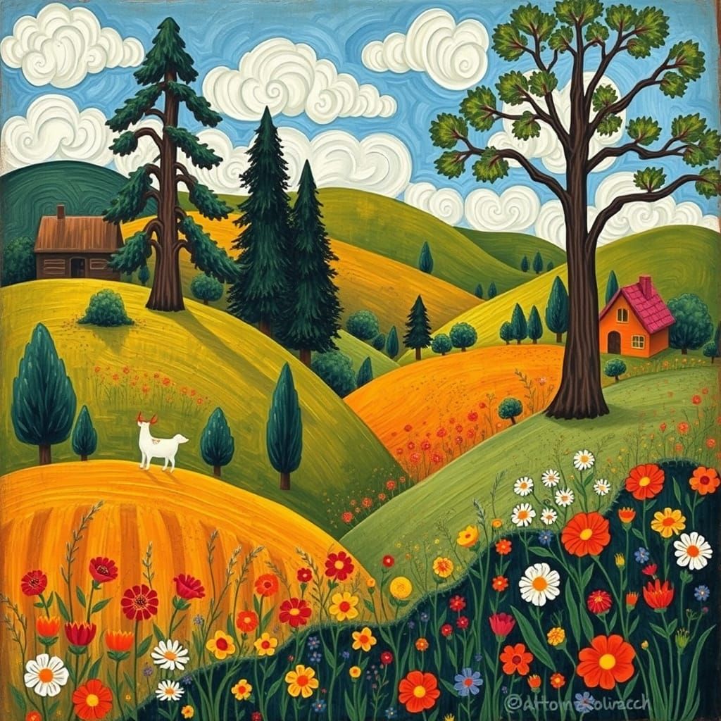 Whimsical Folk Art Scene in a Dreamlike Landscape