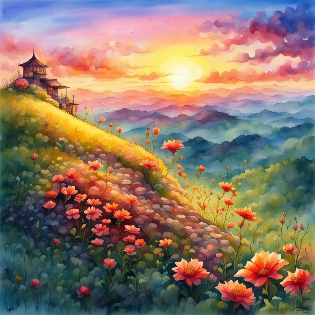 Sunset Flower Hill: Watercolor and Ink Painting