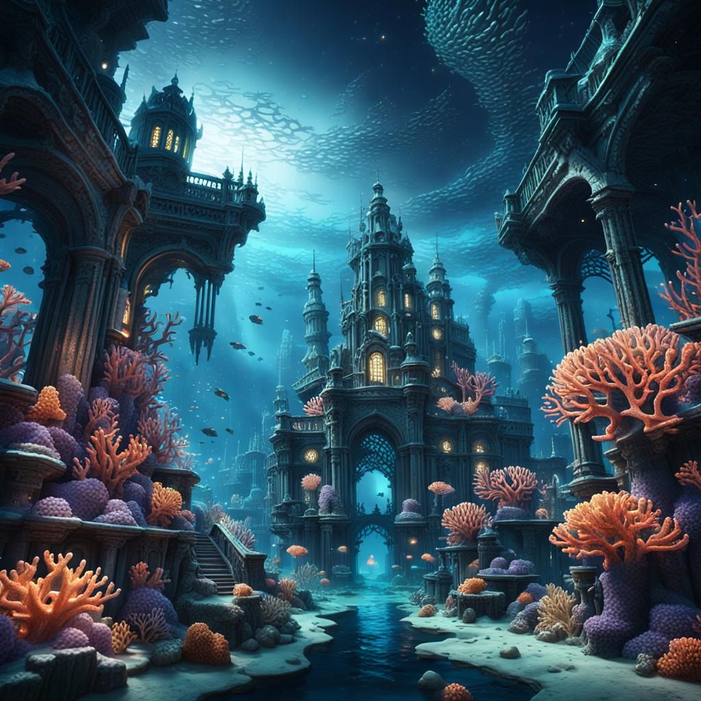 Mystical Underwater Cityscape at Night in Deep Color