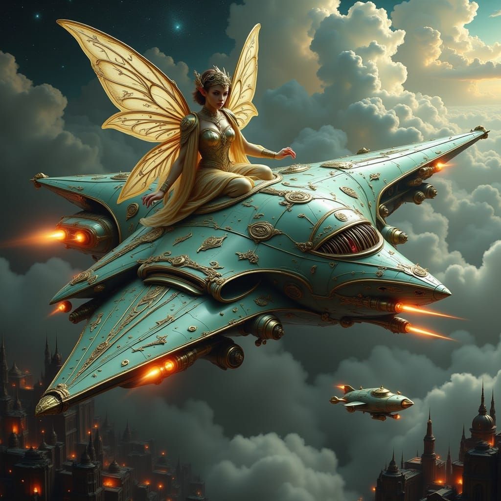 Fairy Explores Sci-Fi Spaceship in Whimsical Style