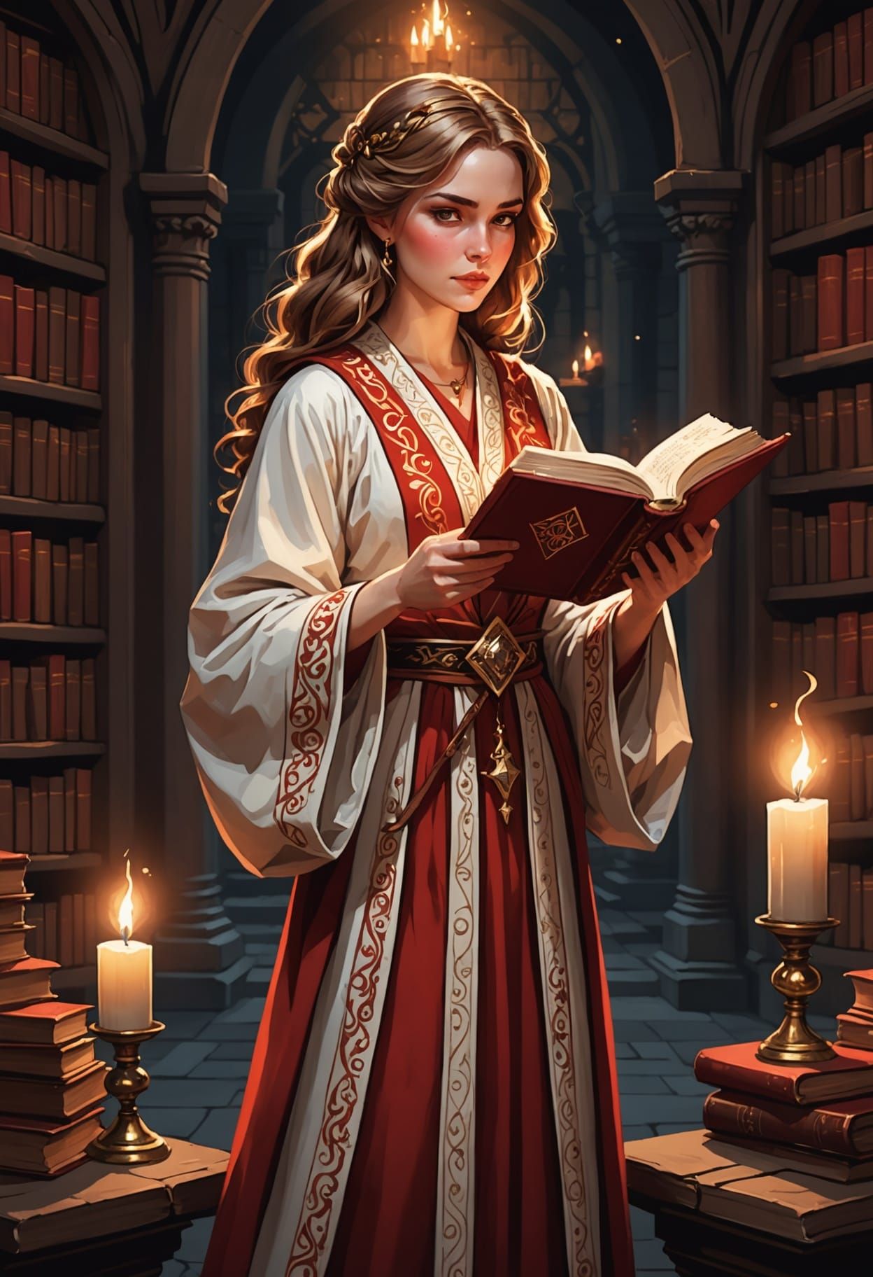 Blonde Wizard with Magic Tome in Stone Library