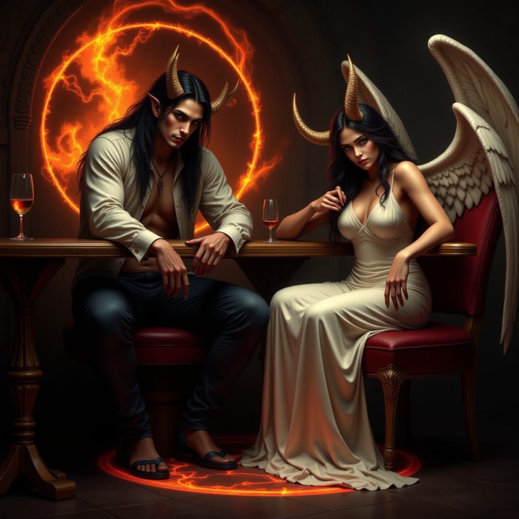 Demon and Angel in Fiery Club Scene