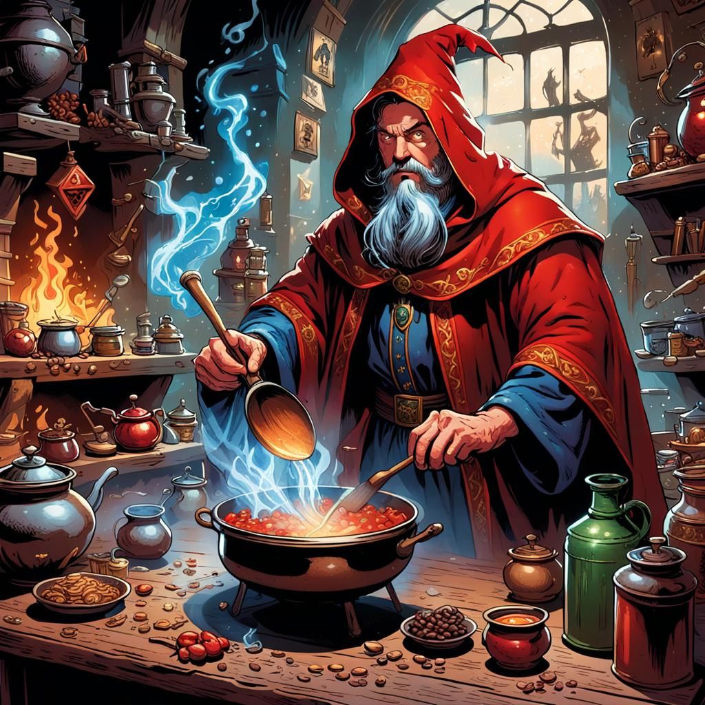 Wizard Stirring Cauldron, Comic Book Art Style
